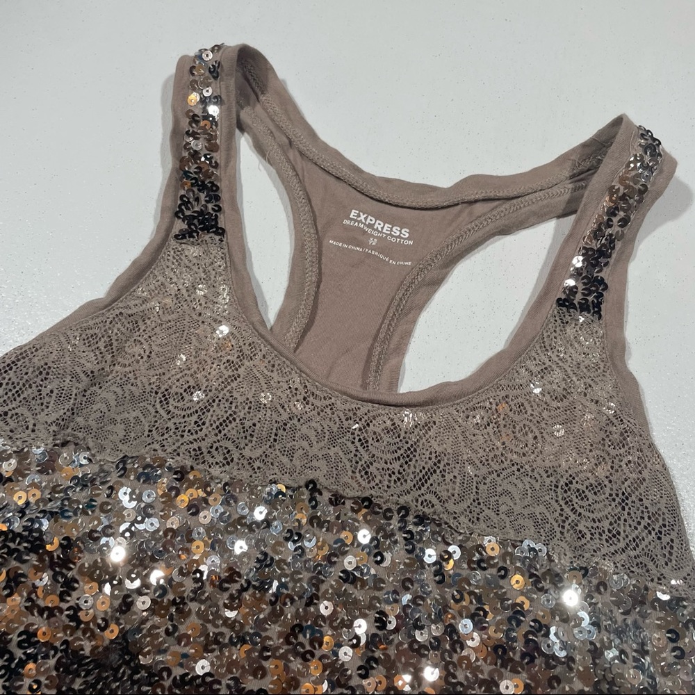 Express Dreamweight Cotton Stripe Sequin Glitter Tank Top New Years Eve Tan Lace - Picture 2 of 6